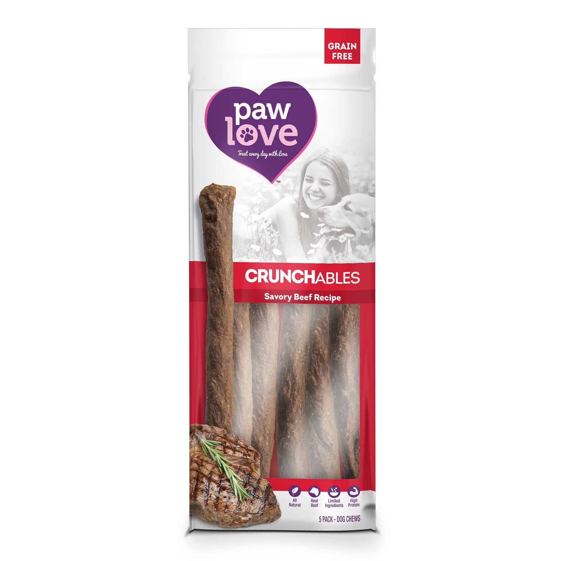 slide 1 of 3, Paw Love Beef Crunchables Stick Large Dog Treats - 5ct/5.5oz, 5 ct, 5.5 oz