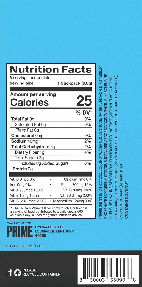 slide 6 of 8, Prime Hydration+ Blue Raspberry Sticks - 6pk/0.35 oz Sticks, 6 ct