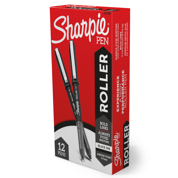 slide 1 of 6, Sharpie Roller Pens, Arrow Point, 0.7 Mm, Black Barrel, Black Ink, Pack Of 12 Pens, 12 ct