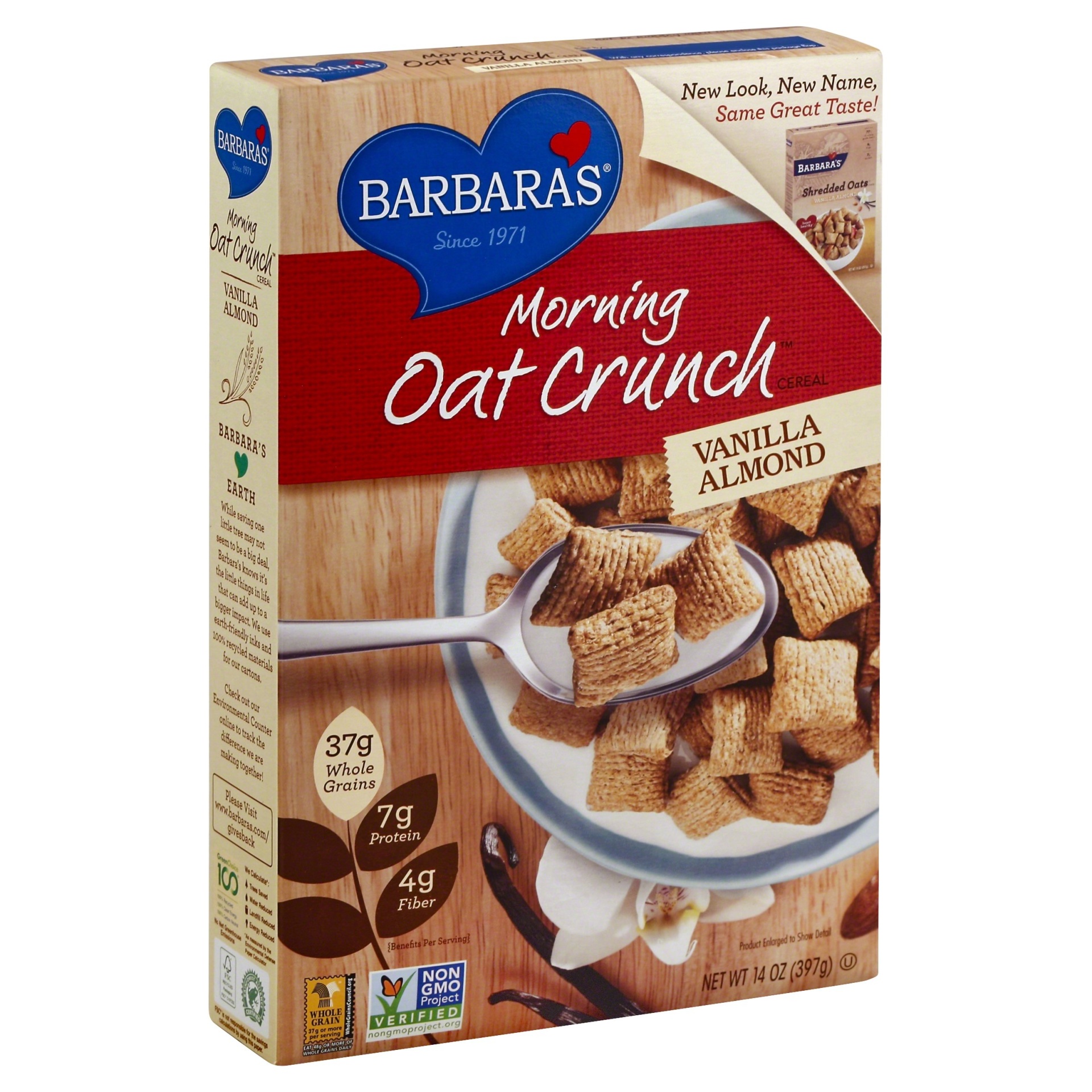 slide 1 of 8, Barbara's Morning Oat Crunch Vanilla Almond Cereal, 14 oz