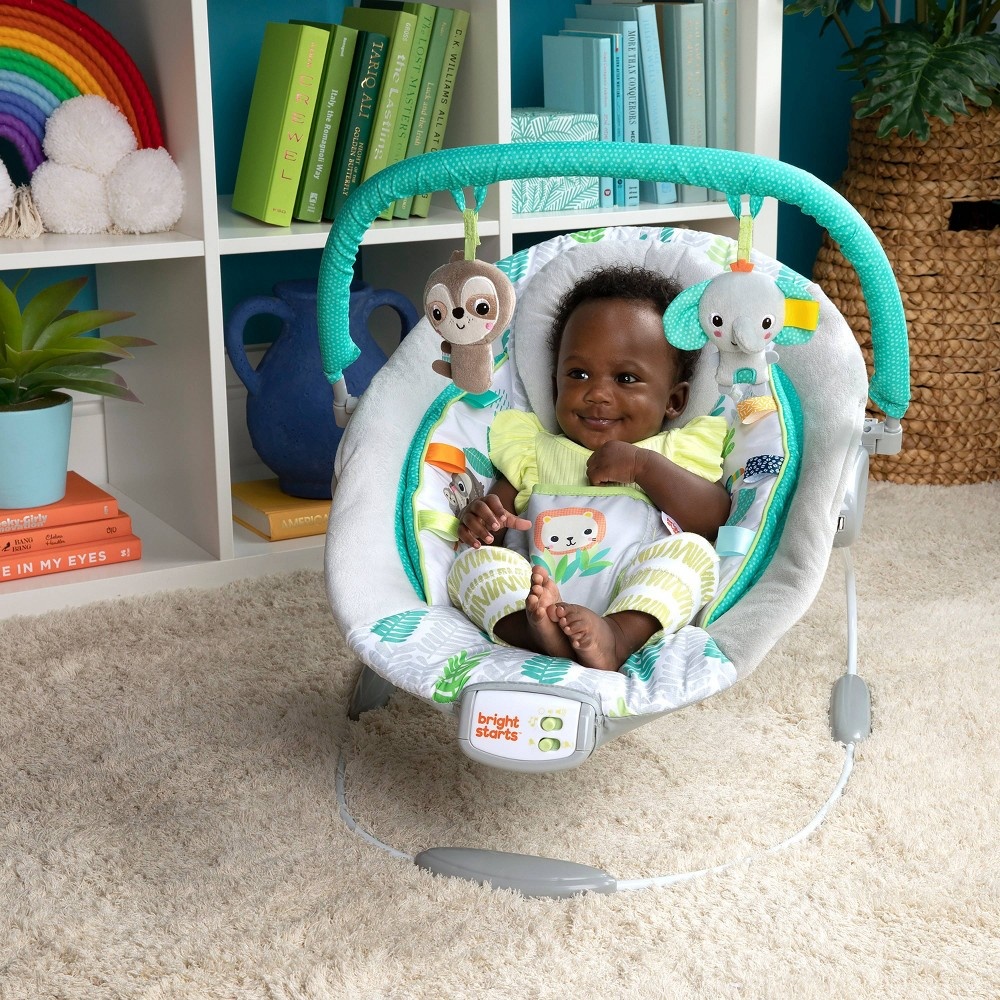 slide 3 of 12, Bright Starts Jungle Vines Comfy Baby Bouncer with Vibrating Infant Seat, Toy Bar & Taggies, 1 ct