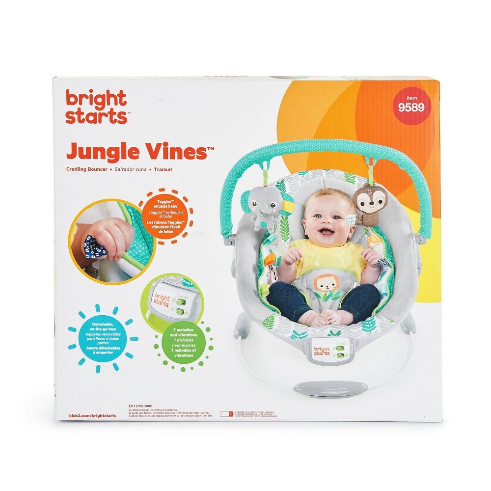 slide 12 of 12, Bright Starts Jungle Vines Comfy Baby Bouncer with Vibrating Infant Seat, Toy Bar & Taggies, 1 ct