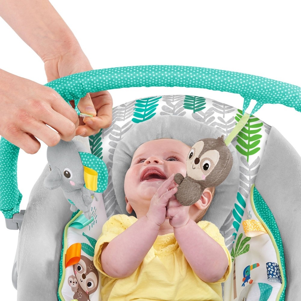 slide 6 of 12, Bright Starts Jungle Vines Comfy Baby Bouncer with Vibrating Infant Seat, Toy Bar & Taggies, 1 ct