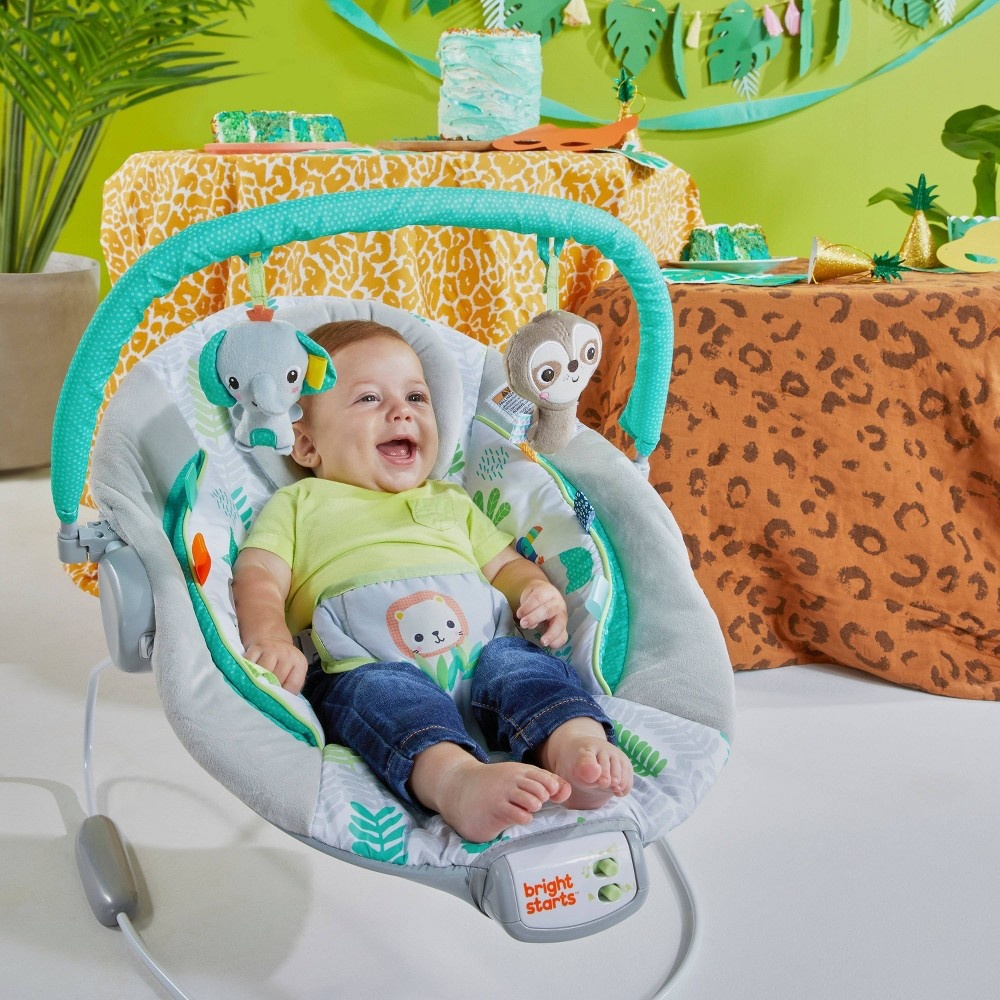 slide 7 of 12, Bright Starts Jungle Vines Comfy Baby Bouncer with Vibrating Infant Seat, Toy Bar & Taggies, 1 ct