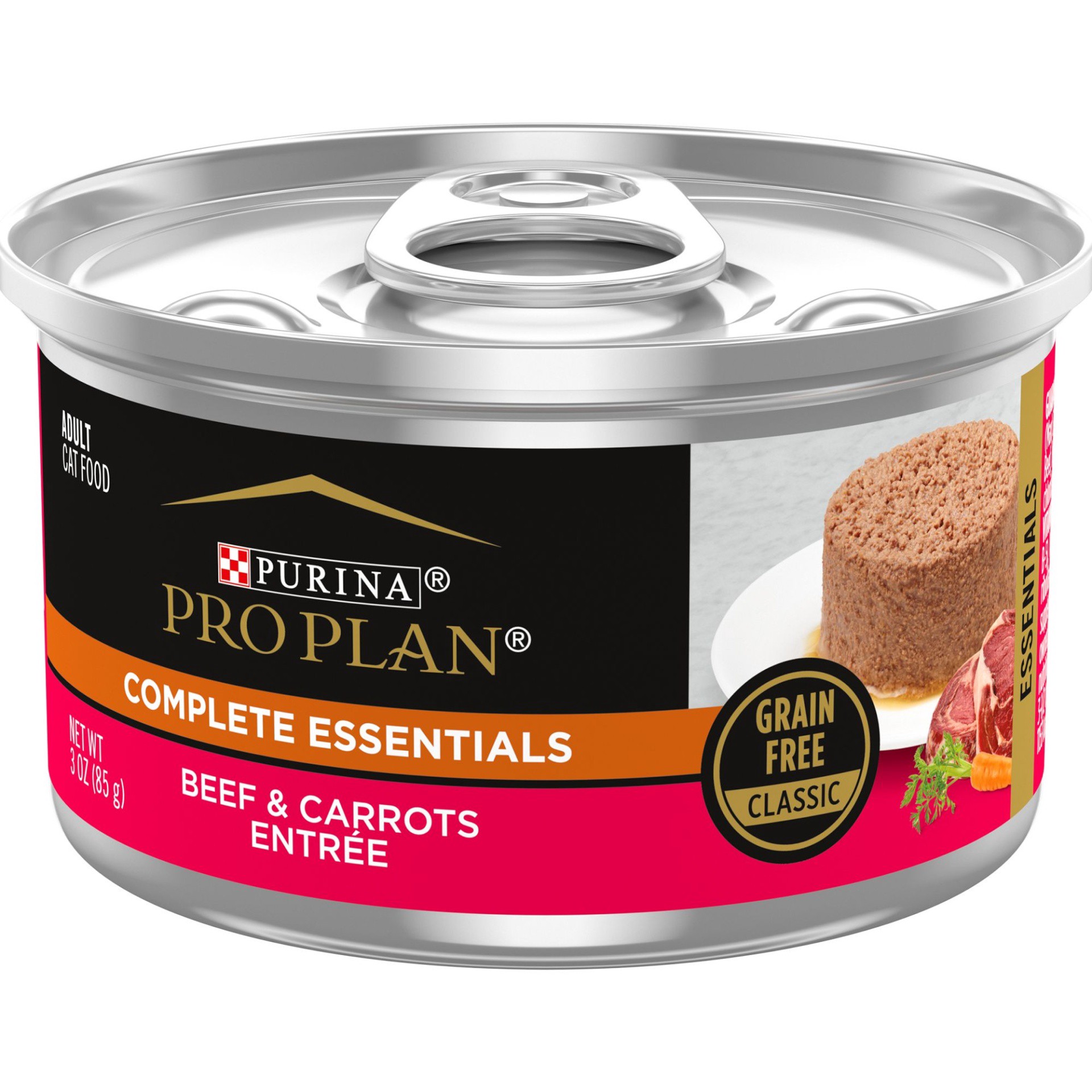 slide 1 of 1, Purina Pro Plan Grain Free Wet Cat Food Pate, COMPLETE ESSENTIALS Beef & Carrots Entree Classic, 3 oz