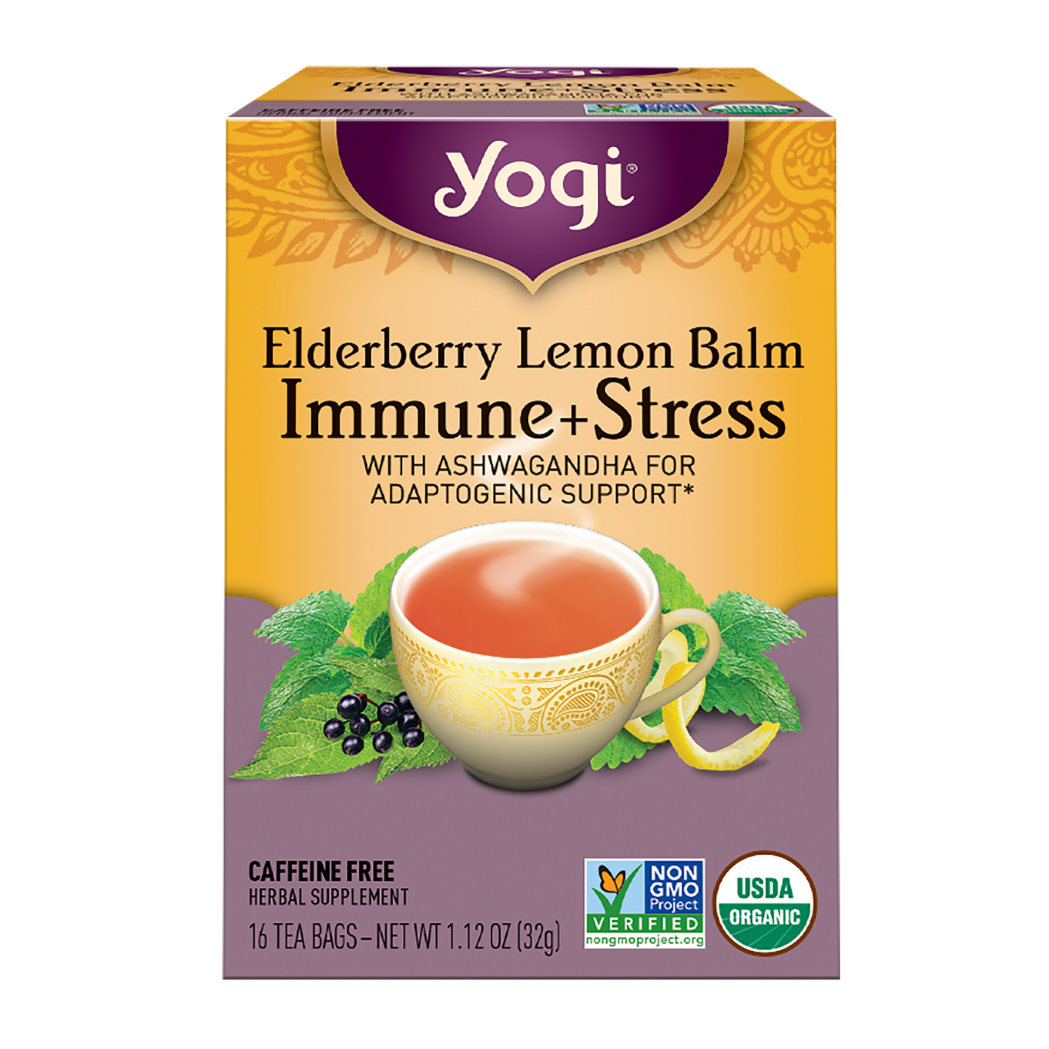 slide 1 of 5, Yogi Immune + Stress Elderberry Lemon Balm Herbal Tea 16 Tea Bags, 16 ct