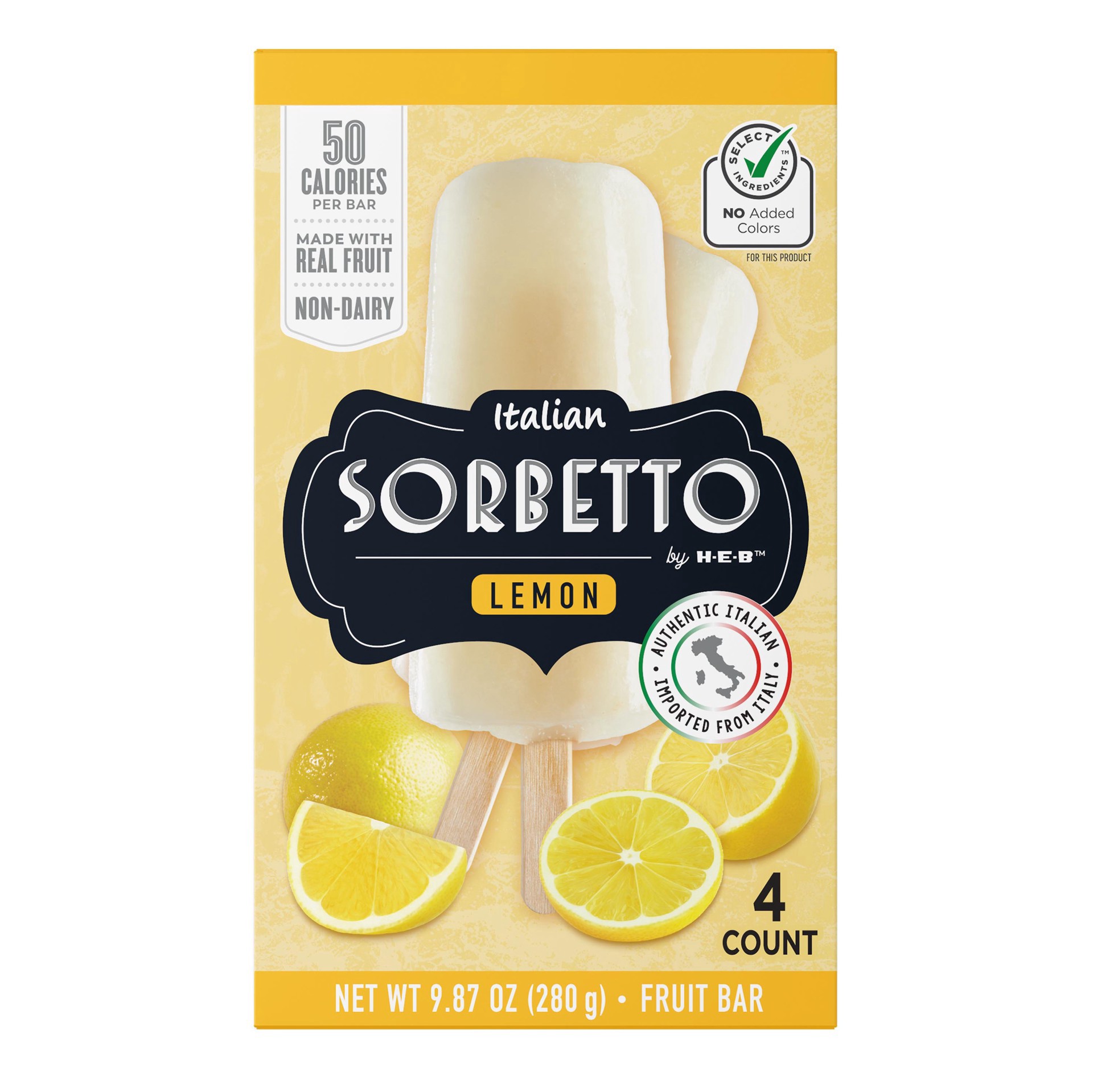slide 1 of 1, Italian Sorbetto by H-E-B Non-Dairy Frozen Fruit Bars – Lemon, 4 ct