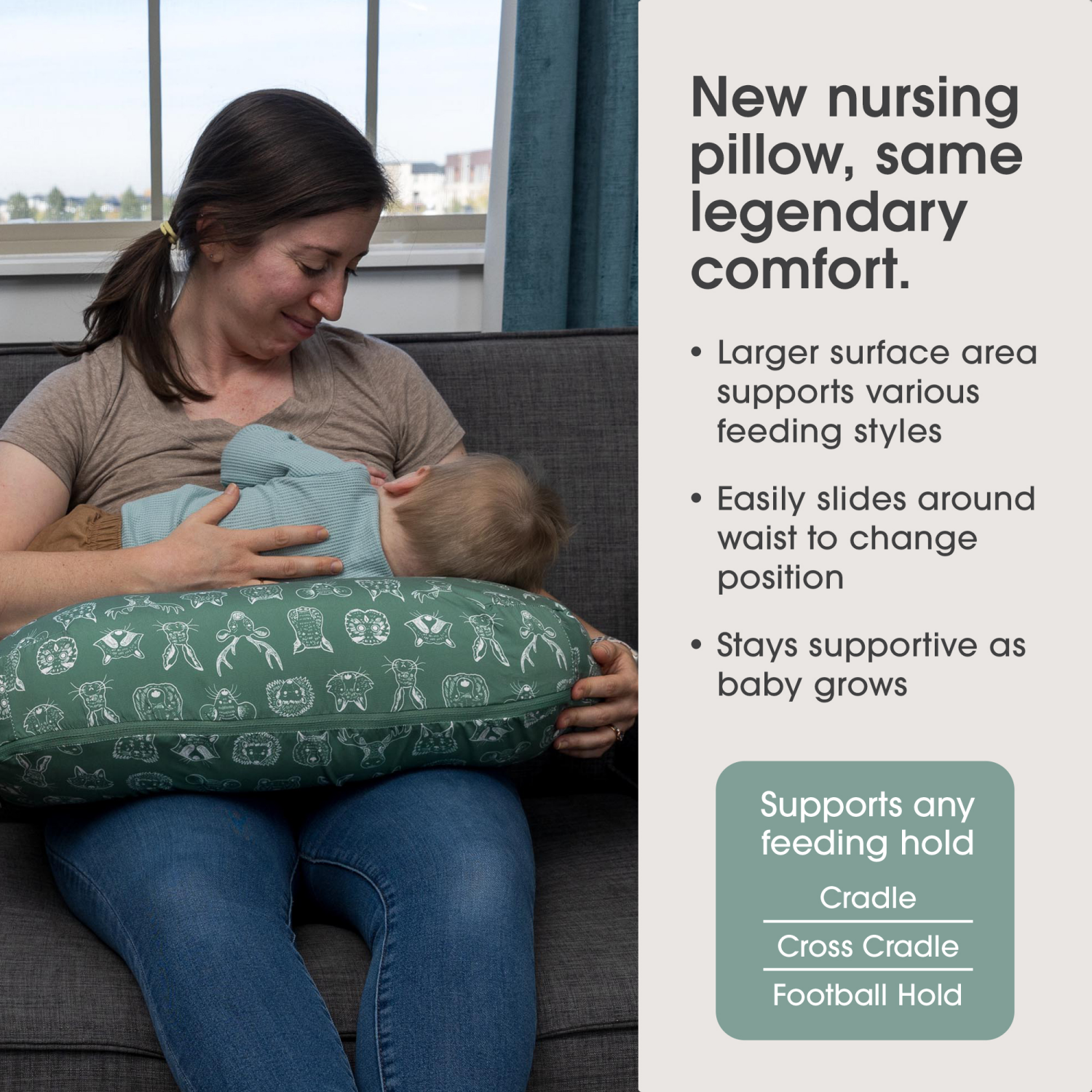 slide 2 of 7, Boppy New Nursing Pillow Dark Green Sketched Animals Larger, Firmer, More Supportive Pillow for Breastfeeding & Bottle Feeding Firmer Fill, Higher Lift, Larger Area than Original Boppy Nursing Pillow, 1 ct