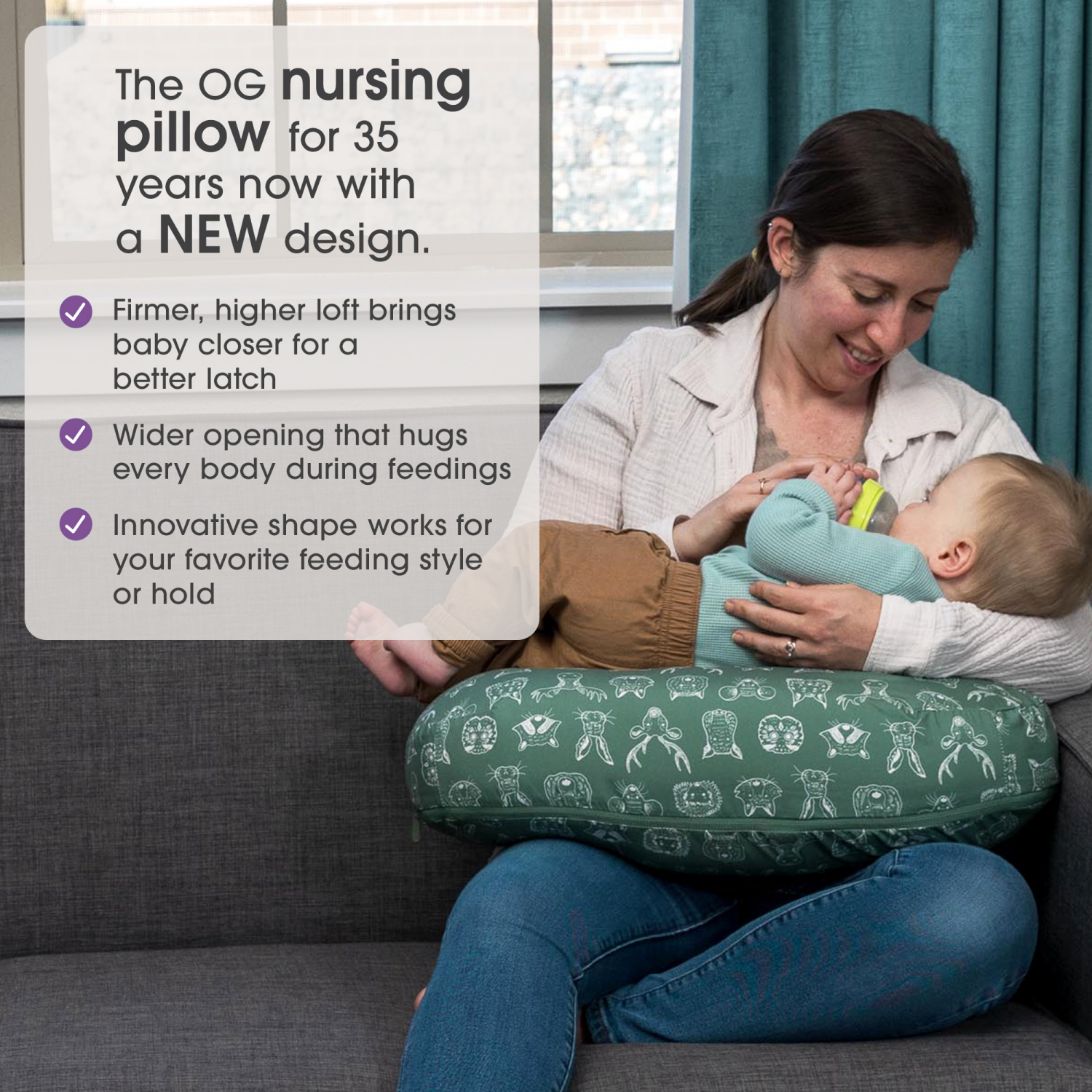 slide 4 of 7, Boppy New Nursing Pillow Dark Green Sketched Animals Larger, Firmer, More Supportive Pillow for Breastfeeding & Bottle Feeding Firmer Fill, Higher Lift, Larger Area than Original Boppy Nursing Pillow, 1 ct