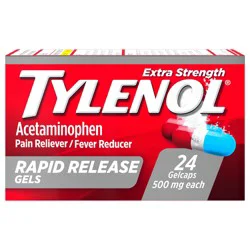 Tylenol Extra Strength Acetaminophen Rapid Release Gels, Extra Strength Pain Reliever & Fever Reducer Medicine, Gelcaps with Laser-Drilled Holes, 500 mg Acetaminophen, 24 ct