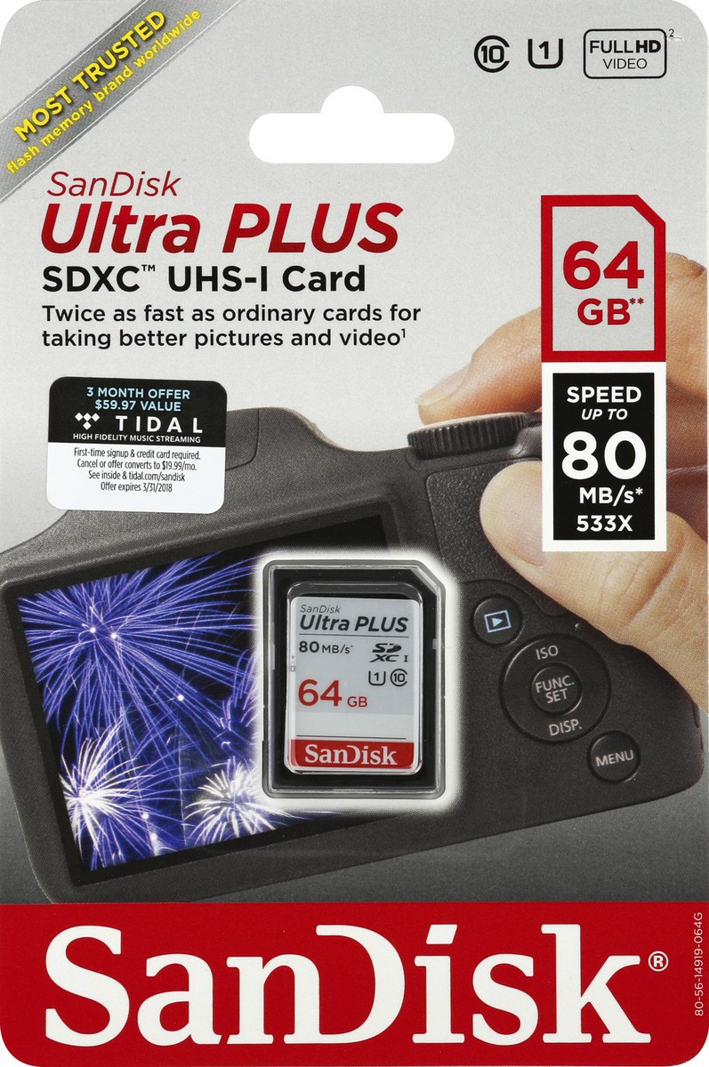 slide 5 of 6, SanDisk SDXC UHS-I Card, Ultra Plus, 64 GB, 64 GB