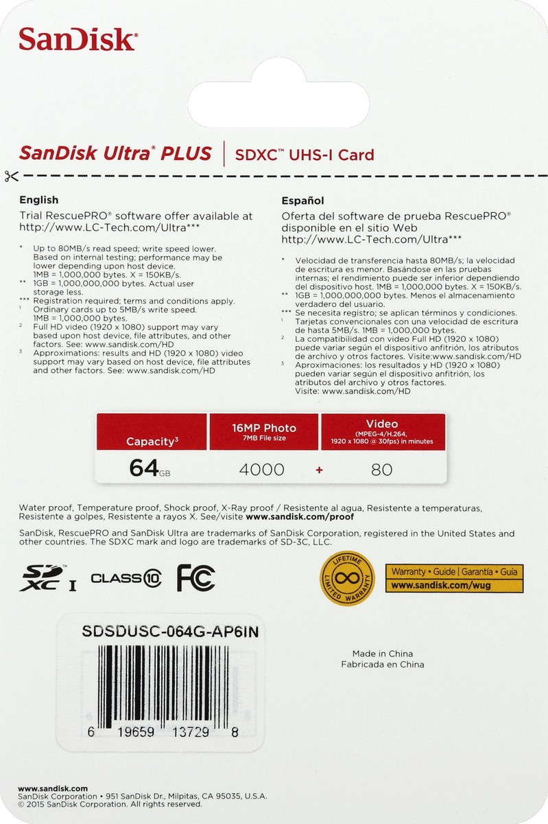 slide 6 of 6, SanDisk SDXC UHS-I Card, Ultra Plus, 64 GB, 64 GB