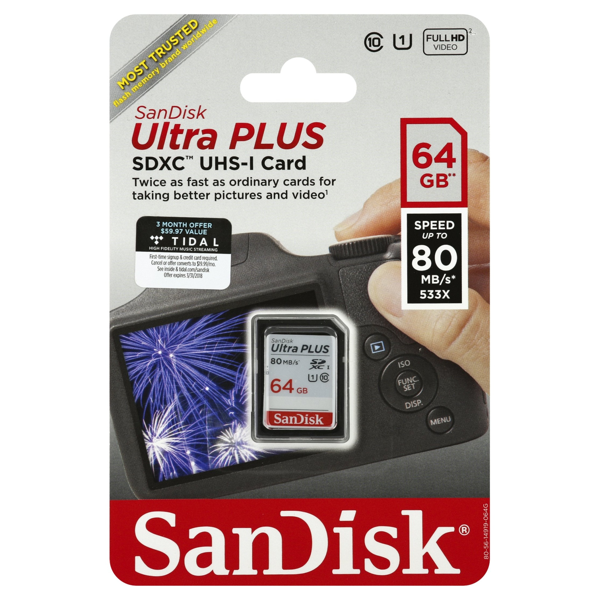 slide 1 of 6, SanDisk SDXC UHS-I Card, Ultra Plus, 64 GB, 64 GB