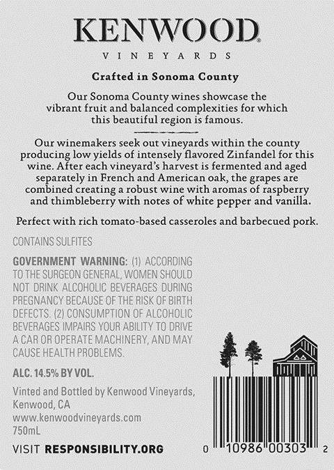 slide 6 of 7, Kenwood Core Kenwood Vineyards San Joaquin/Sonoma County Zinfandel 750mL, 29 Proof, 750 ml