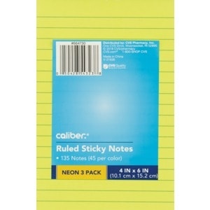 slide 1 of 1, Caliber Ruled Sticky Notes, Neon 3 Pack, 135 Ct, 135 ct