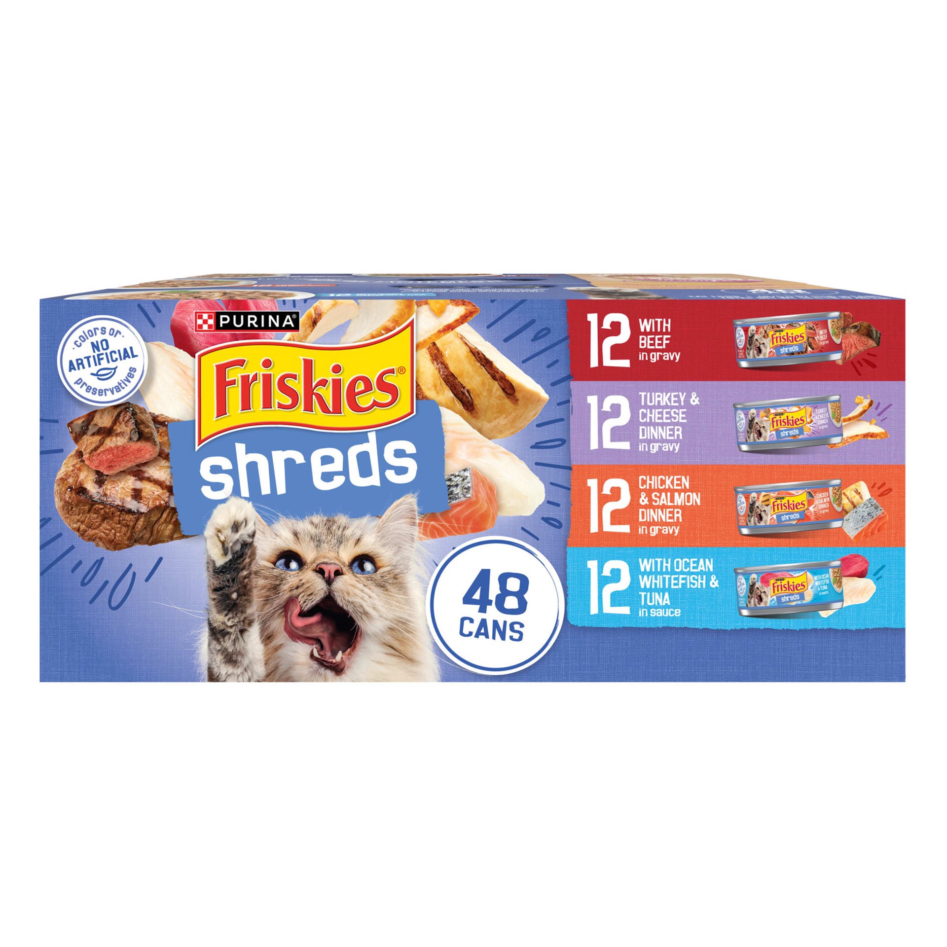 slide 1 of 1, Purina Friskies Beef, Turkey Cheese, Chicken Salmon Dinner with Ocean Whitefish Tuna Cat Food Variety Pack, 5.5 oz., Count of 48, 1 ct
