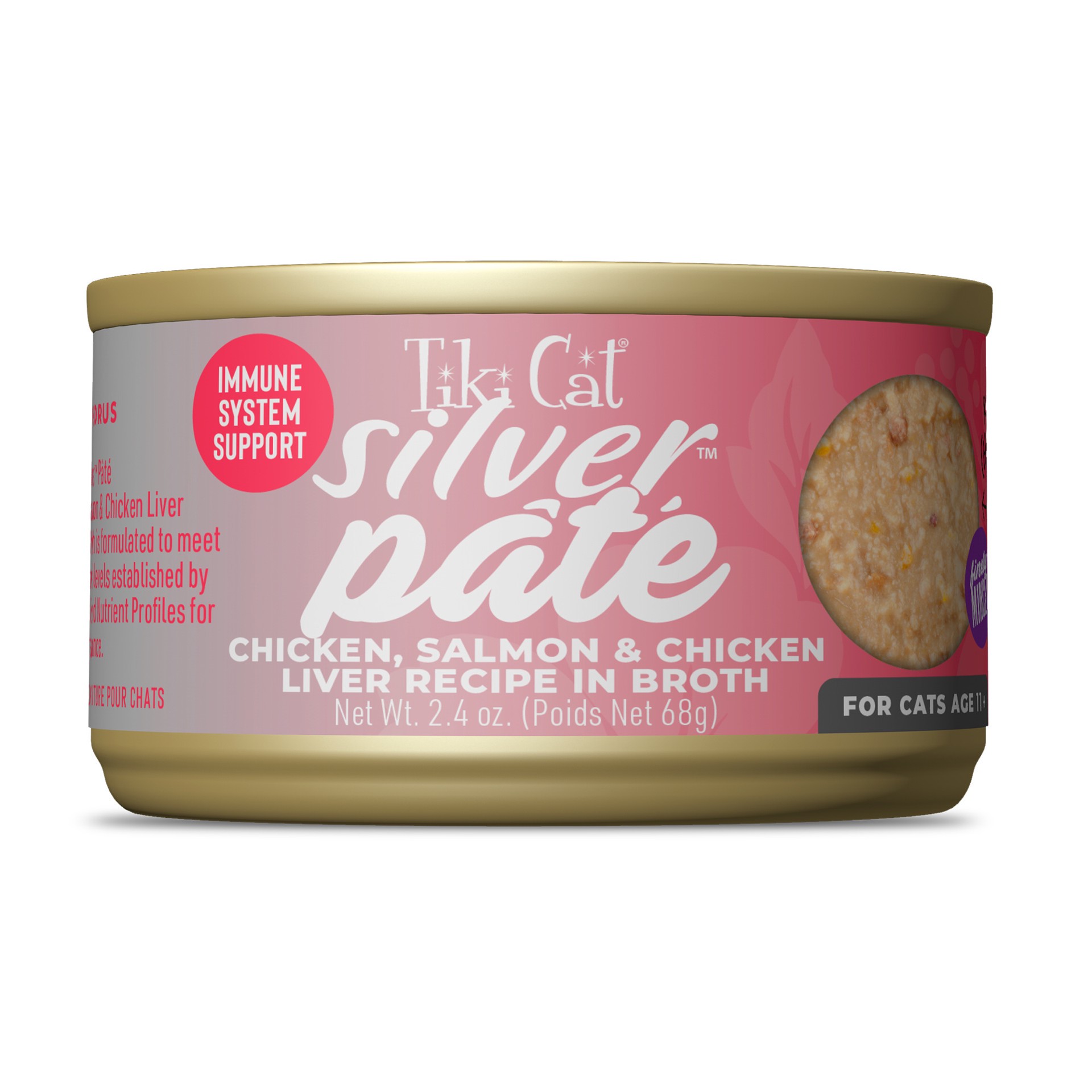 slide 1 of 6, Tiki Cat Silver Pate Chicken, Salmon & Chicken Liver Recipe in Broth, 2.4 oz. Can (12 Count), 2.4 oz