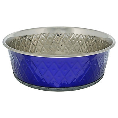 slide 1 of 1, Our Pet's Embossed Bowl Stainless Steel Sapphire, 1 ct