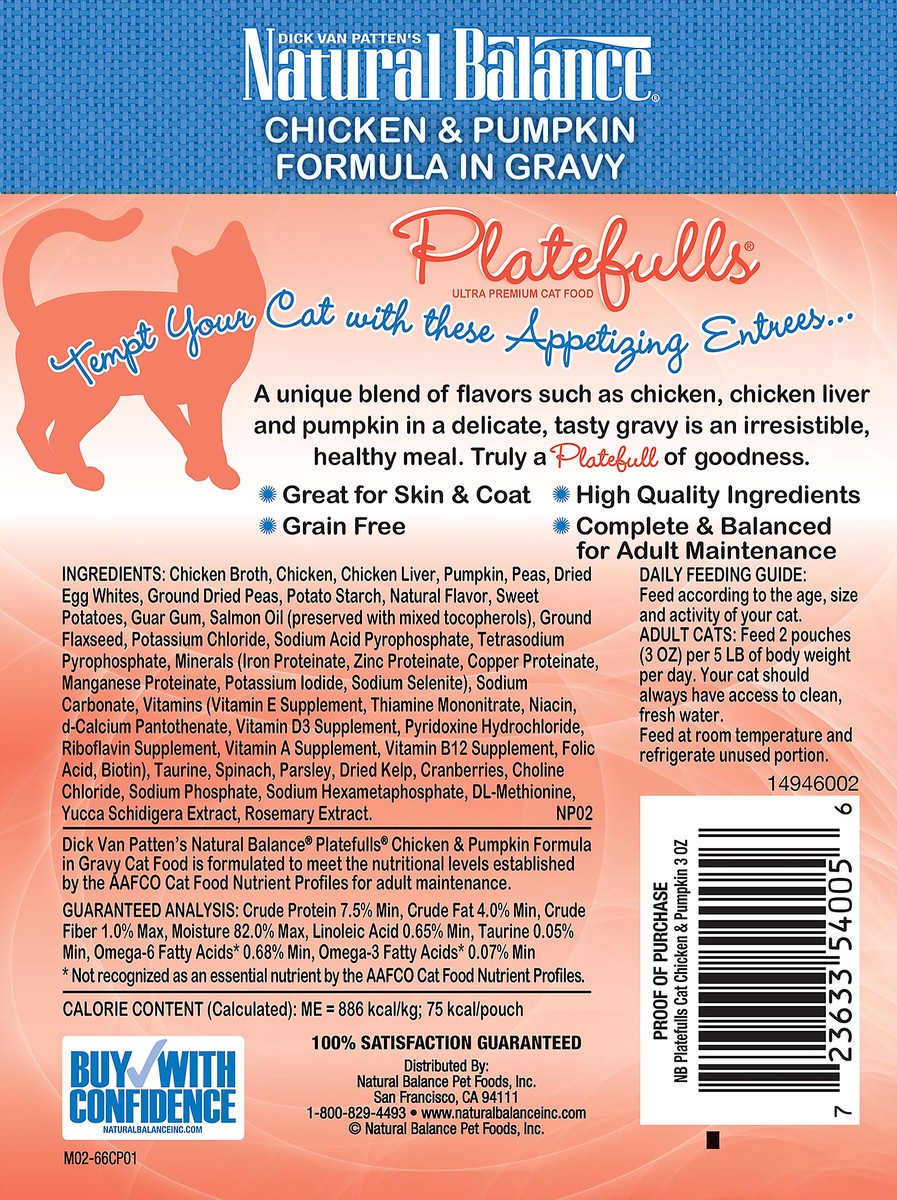 slide 4 of 4, Natural Balance Platefulls Chicken & Pumpkin Formula in Gravy Cat Food, 3-Ounce Pouch, 3 oz