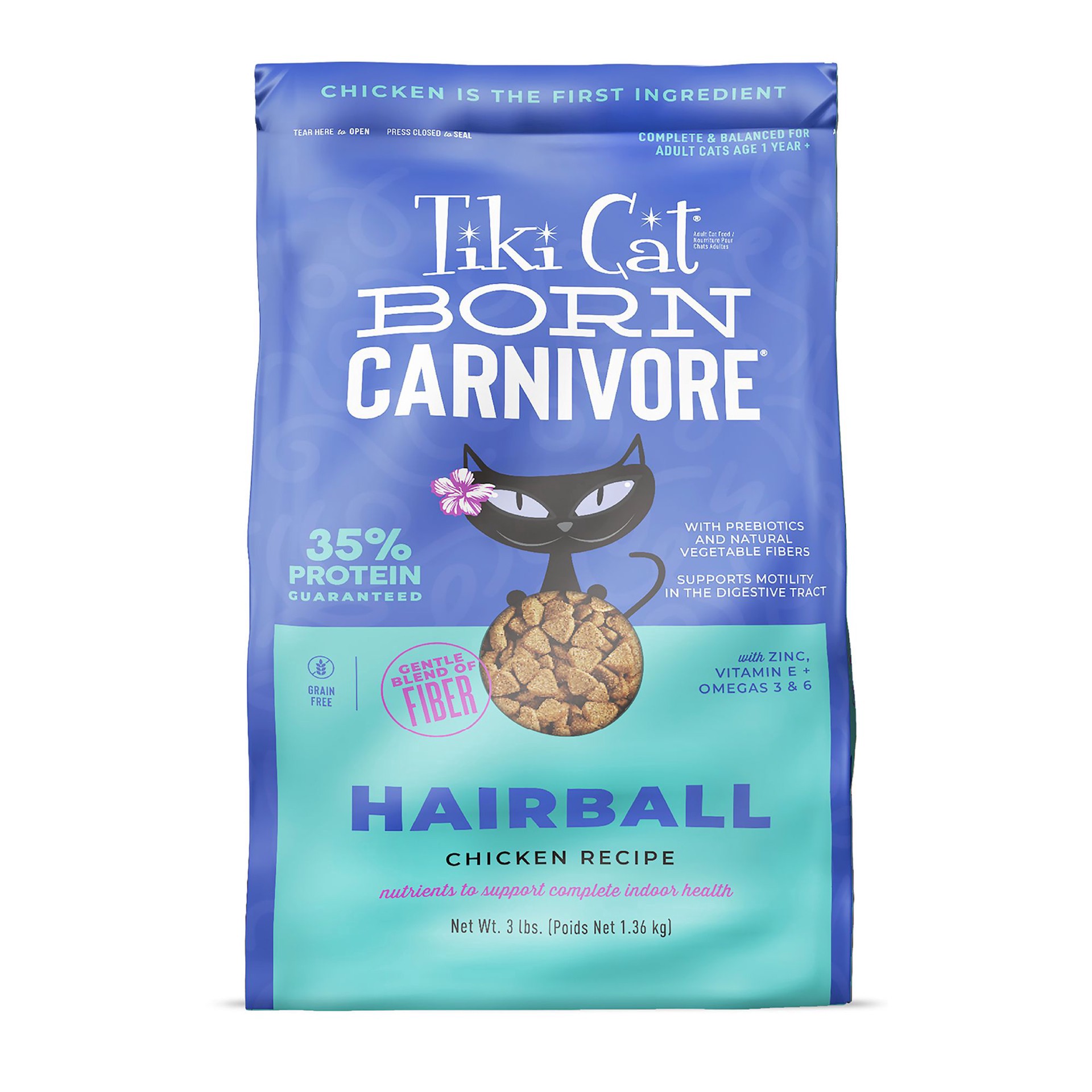 slide 1 of 1, Tiki Cat Born Carnivore Dry Cat Food, Hairball Control, Chicken, 3 lbs. Bag, 3 lb