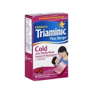 slide 1 of 1, Triaminic Children's Thin Strips Cold With Stuffy Nose Raspberry Flavored, 14 ct