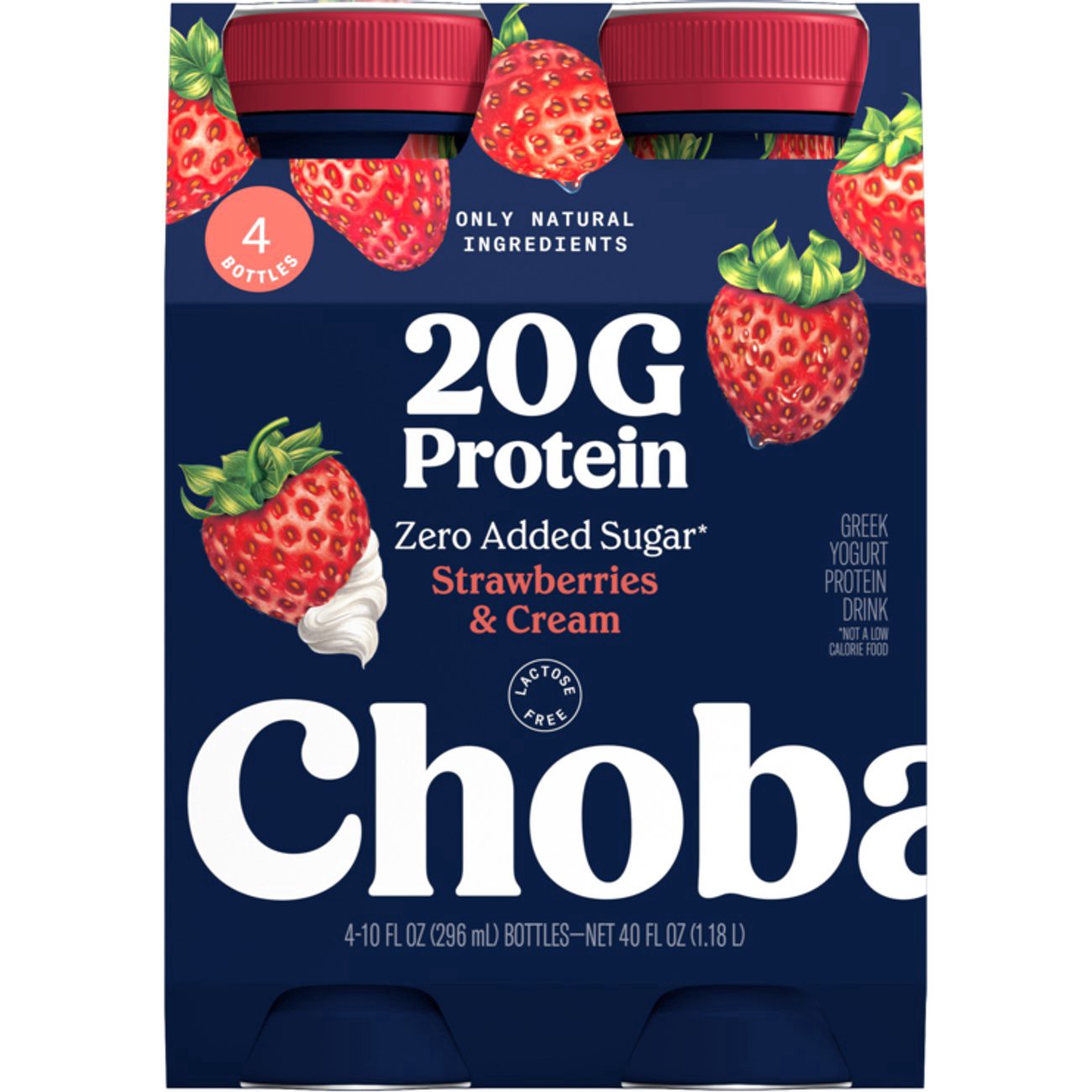 slide 1 of 1, Chobani Zero Added Sugar Lactose Free Greek Strawberries & Cream Yogurt Protein Drink, 4 ct