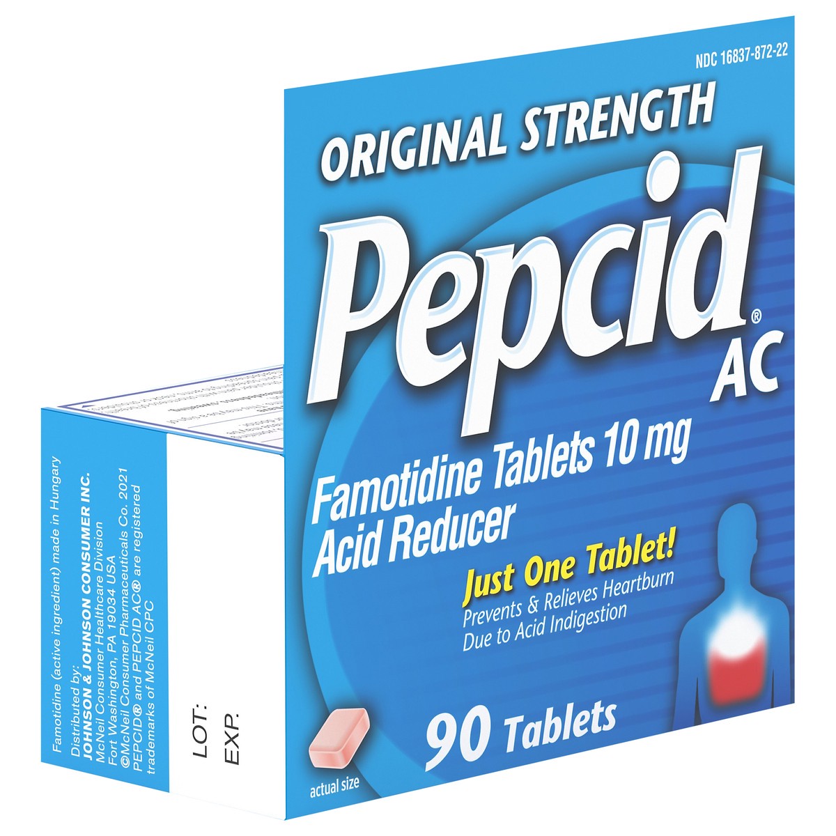 slide 4 of 9, Pepcid AC Original Strength Heartburn Relief Tablets, OTC Medicine Prevents & Relieves Heartburn Due to Acid Indigestion & Sour Stomach, 10mg Famotidine Acid Reducer, Fast-Acting, 90 ct, 90 ct