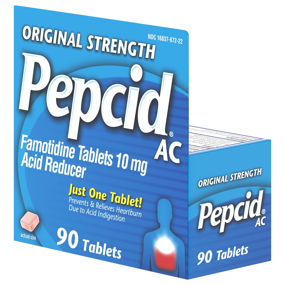 slide 6 of 9, Pepcid AC Original Strength Heartburn Relief Tablets, OTC Medicine Prevents & Relieves Heartburn Due to Acid Indigestion & Sour Stomach, 10mg Famotidine Acid Reducer, Fast-Acting, 90 ct, 90 ct