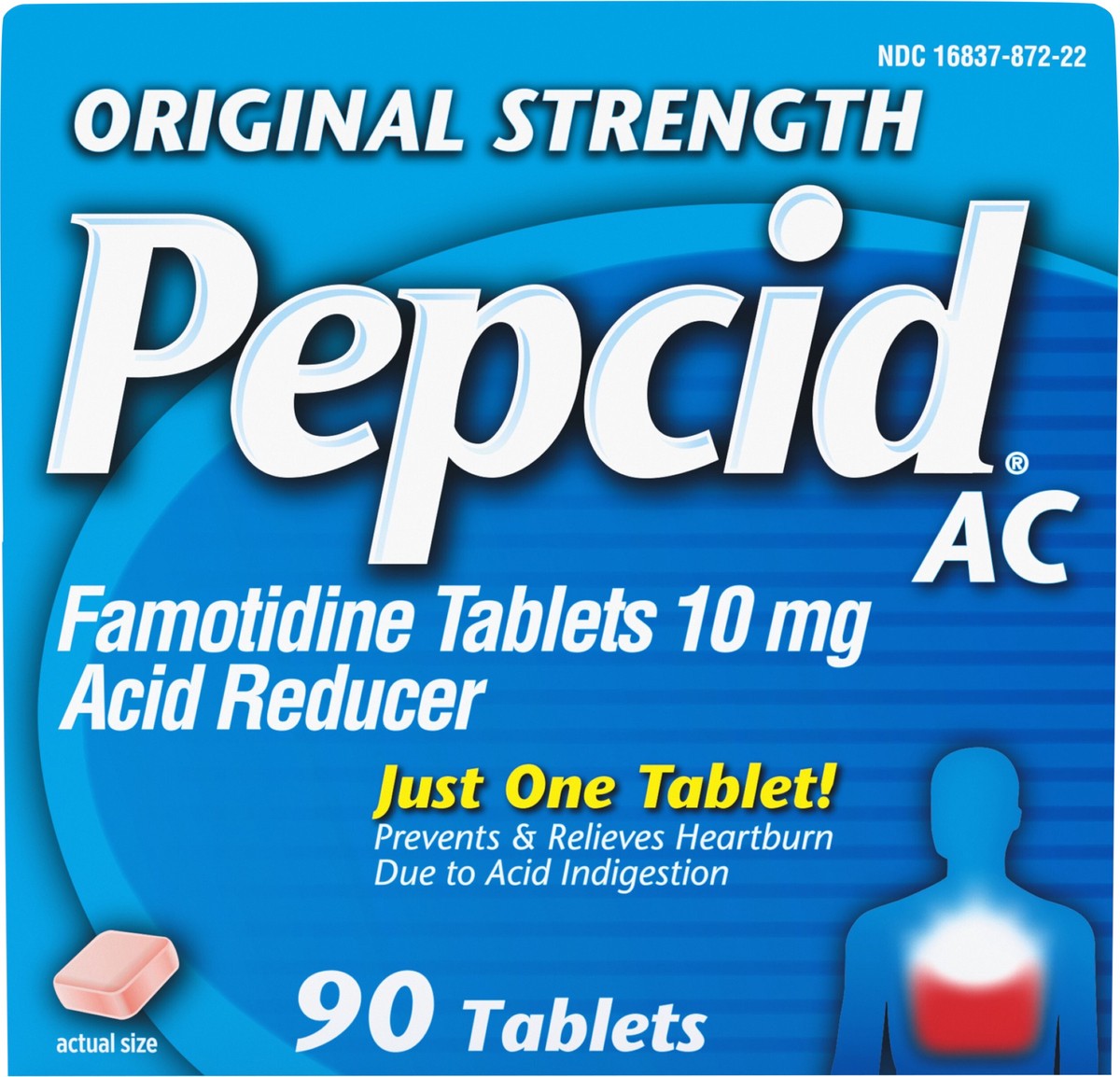 slide 2 of 9, Pepcid AC Original Strength Heartburn Relief Tablets, OTC Medicine Prevents & Relieves Heartburn Due to Acid Indigestion & Sour Stomach, 10mg Famotidine Acid Reducer, Fast-Acting, 90 ct, 90 ct