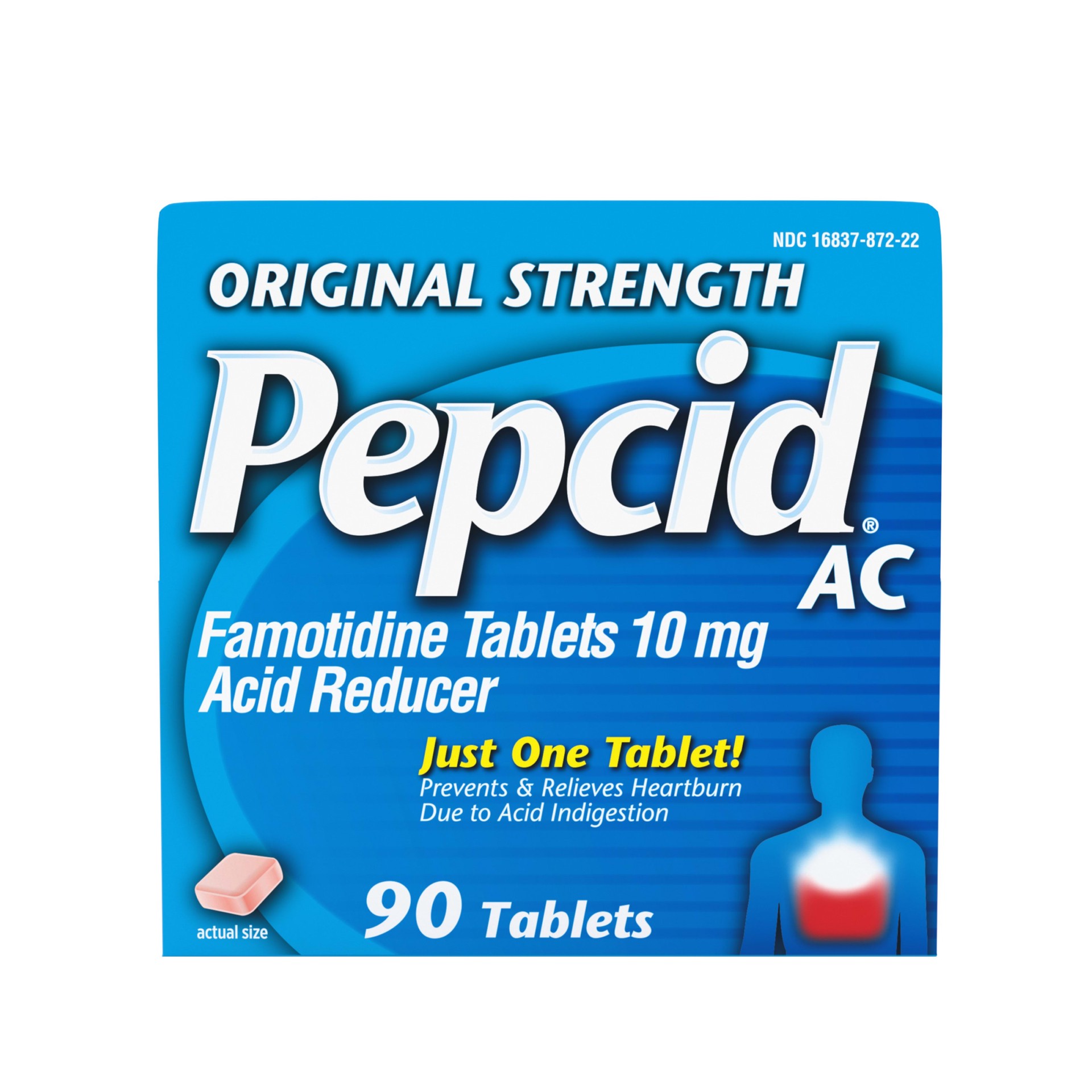 slide 1 of 9, Pepcid AC Original Strength Heartburn Relief Tablets, OTC Medicine Prevents & Relieves Heartburn Due to Acid Indigestion & Sour Stomach, 10mg Famotidine Acid Reducer, Fast-Acting, 90 ct, 90 ct