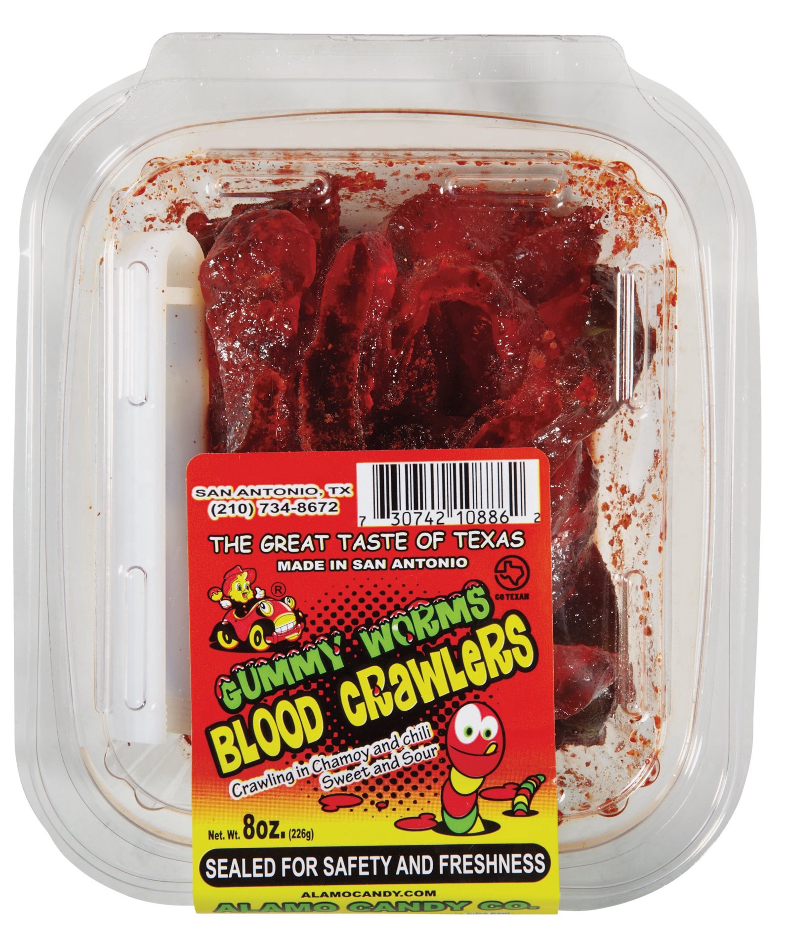 slide 1 of 1, Alamo Candy Co. Gummy Worms In Chamoy Tub, 8 oz