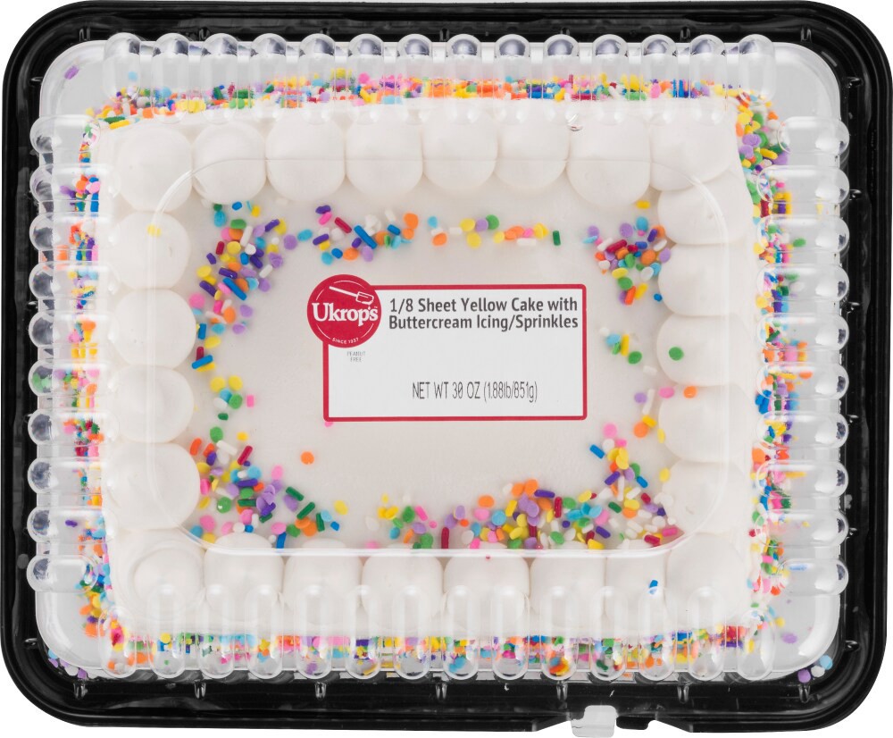slide 1 of 8, Ukrop's Homestyle Foods 1/8 Sheet Yellow Cake With Buttercream Icing & Sprinkles, 30 oz