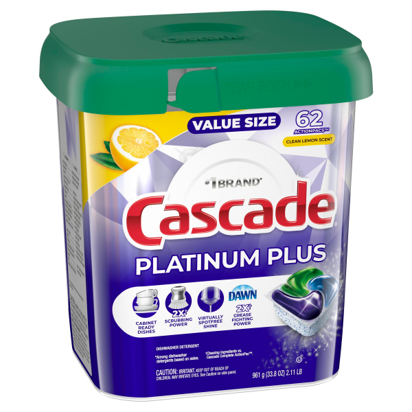slide 5 of 29, Cascade Lemon Scent Platinum ActionPacs Dishwasher Detergents, 62 ct
