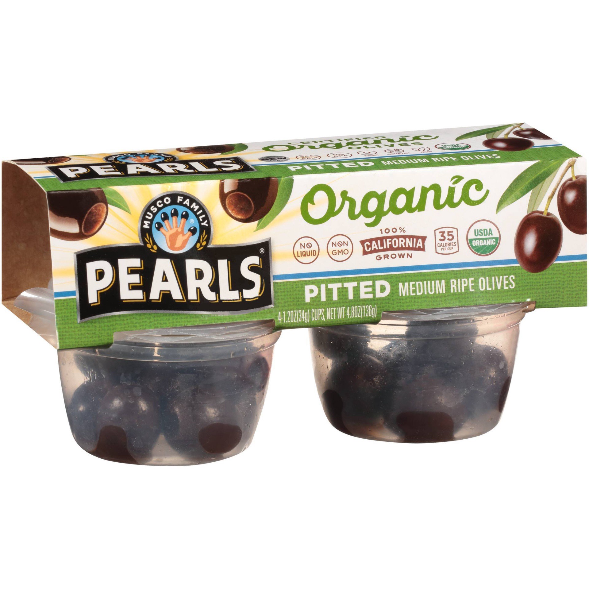 slide 1 of 2, Pearls Organic Black Pitted Medium Ripe Olives 4-1.2 Oz. Cups, 4 ct; 1.2 oz