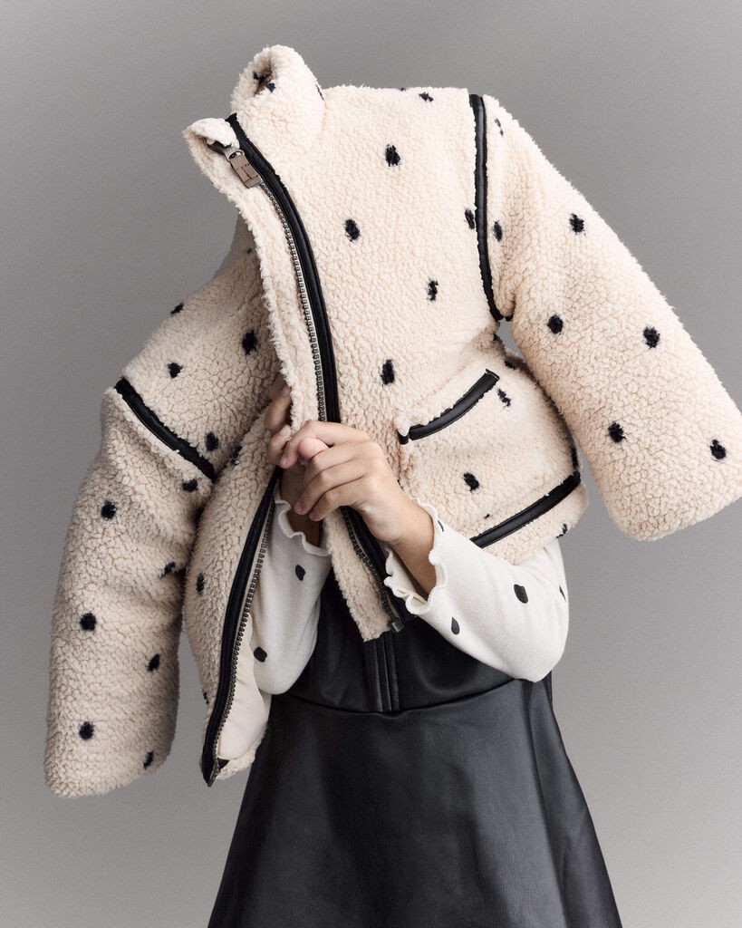 slide 5 of 7, Otteravenue Toddler Girl Polka Dot Sherpa Jacket - Ivory Ivory/Black 2T, 1 ct