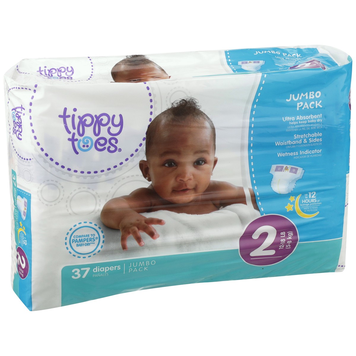 slide 2 of 8, Tippy Toes Jumbo Diapers Size 2, 37 ct