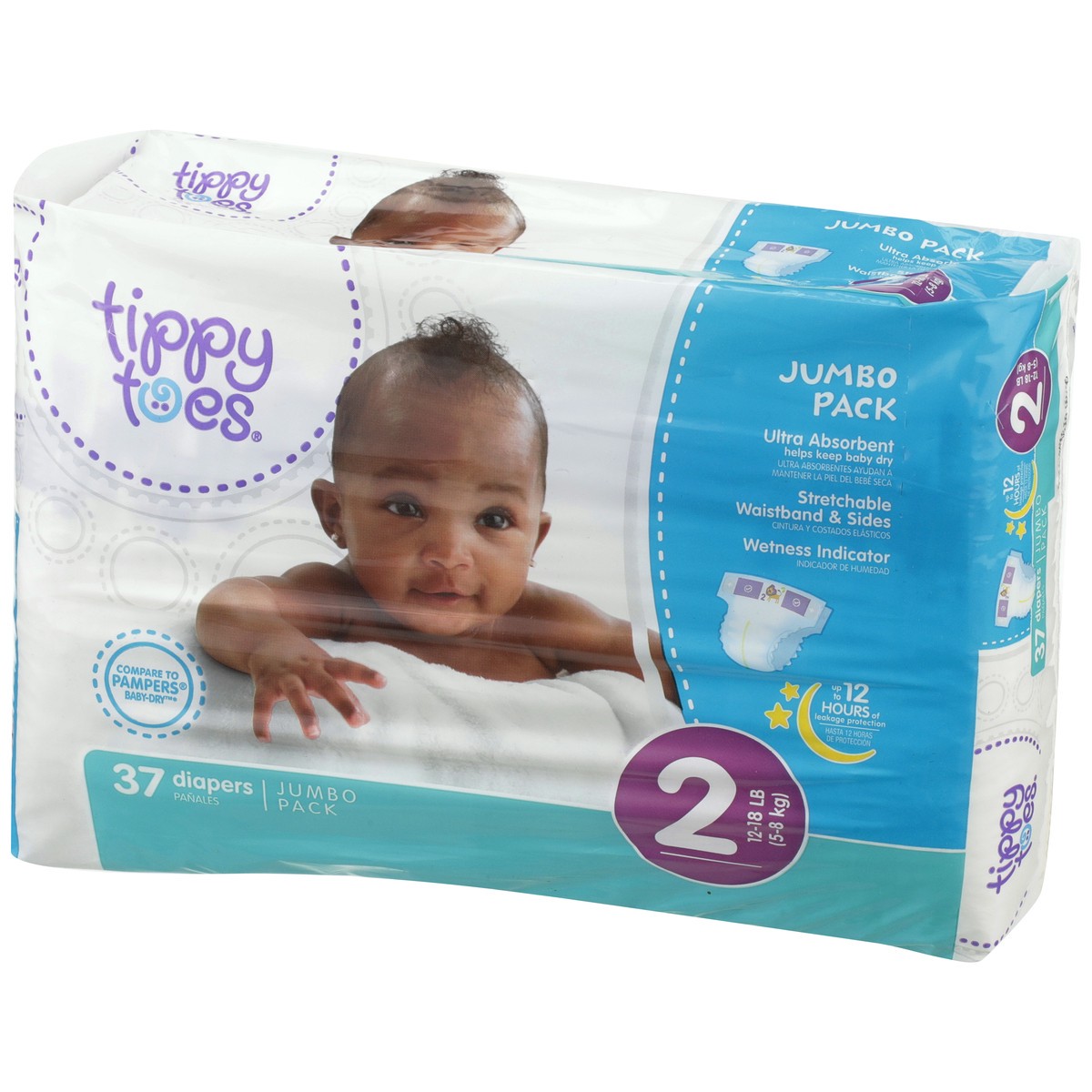 slide 3 of 8, Tippy Toes Jumbo Diapers Size 2, 37 ct