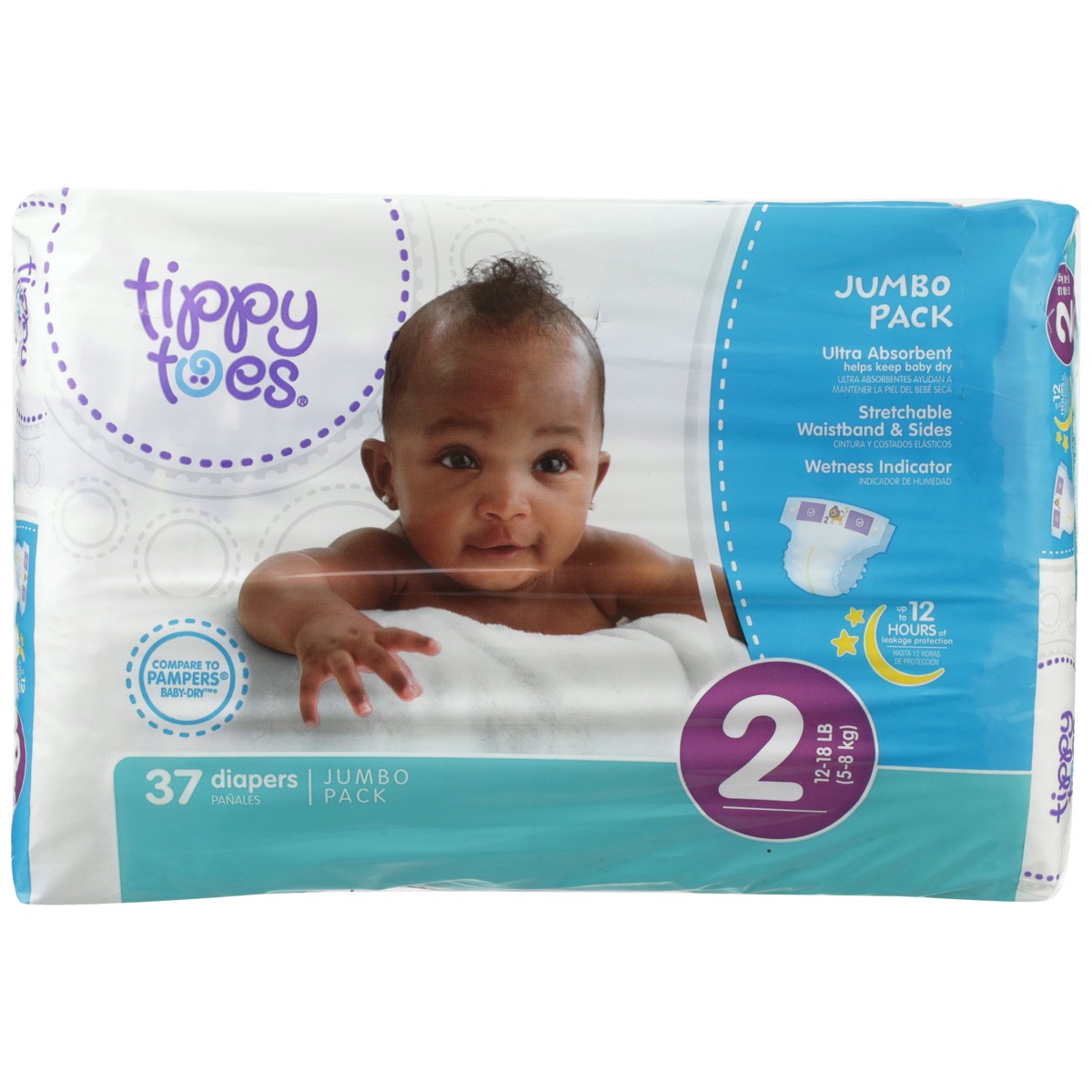 slide 7 of 8, Tippy Toes Jumbo Diapers Size 2, 37 ct