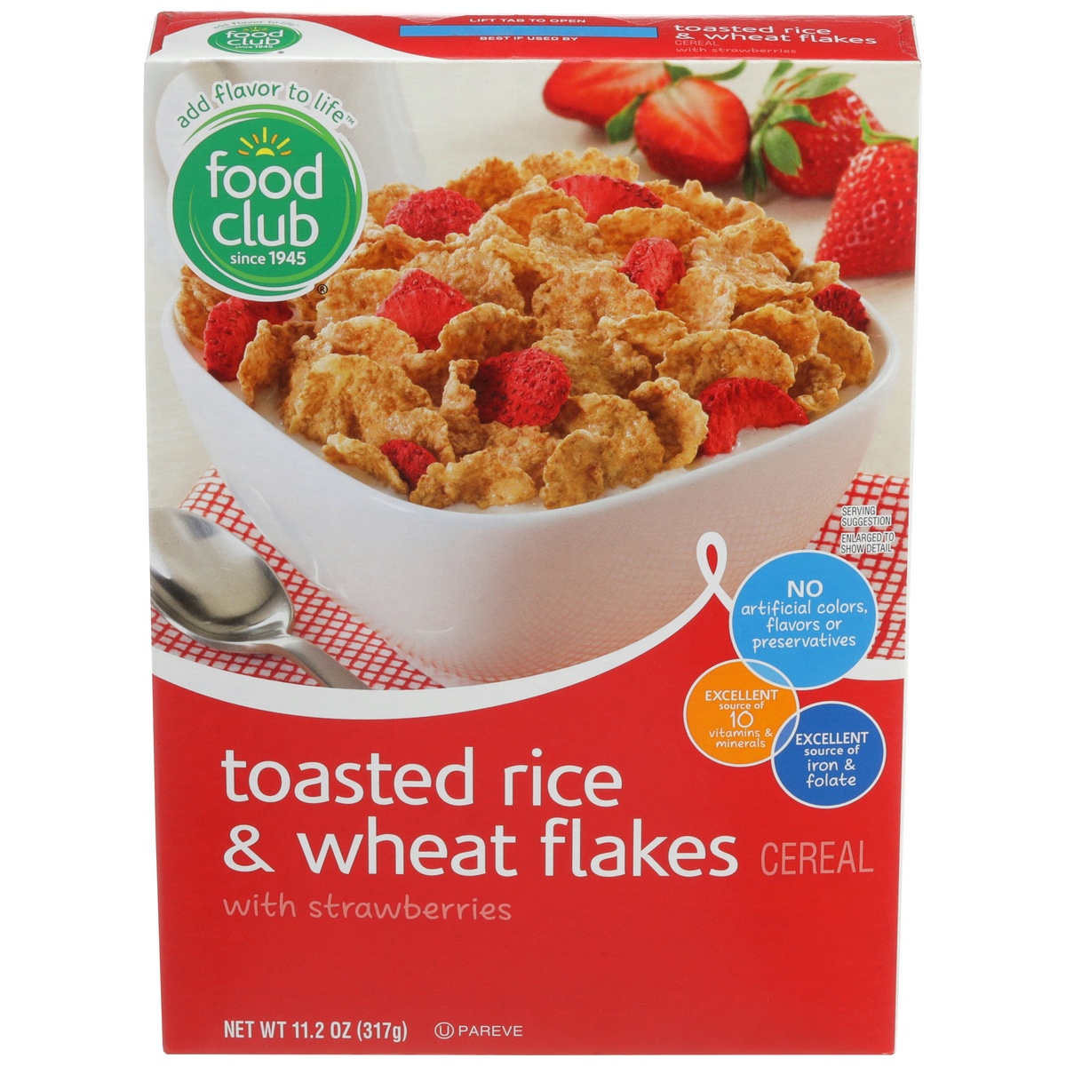 slide 1 of 1, Food Club Toasted Rice & Wheat Flakes Cereal With Strawberries, 11.19 oz