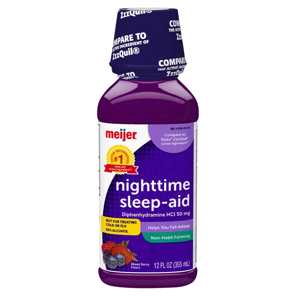 slide 1 of 25, Meijer Night Time Sleep-Aid Liquid, Helps You Fall Asleep, Relieves Occasional Sleeplessness, Mixed Berry Flavor, 12 oz