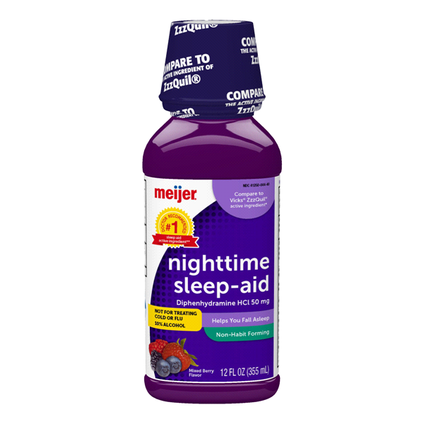 slide 1 of 25, Meijer Night Time Sleep-Aid Liquid, Helps You Fall Asleep, Relieves Occasional Sleeplessness, Mixed Berry Flavor, 12 oz