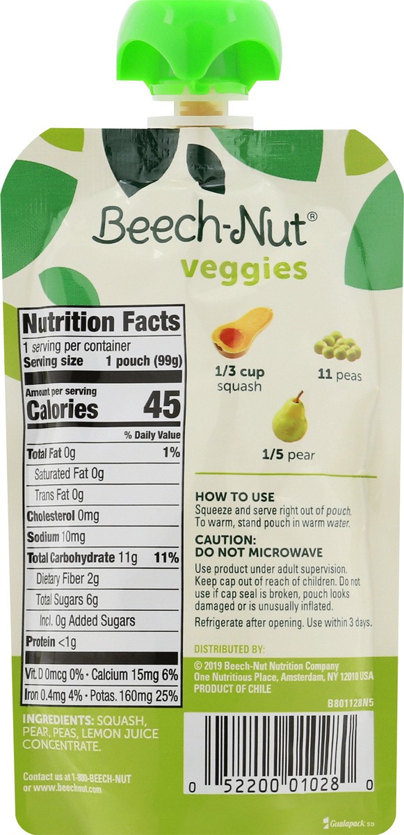 slide 10 of 10, Beech-Nut Veggies On-The-Go Pouches Squash Peas Pears Blend Stage 2 Baby Food, 3.5 oz