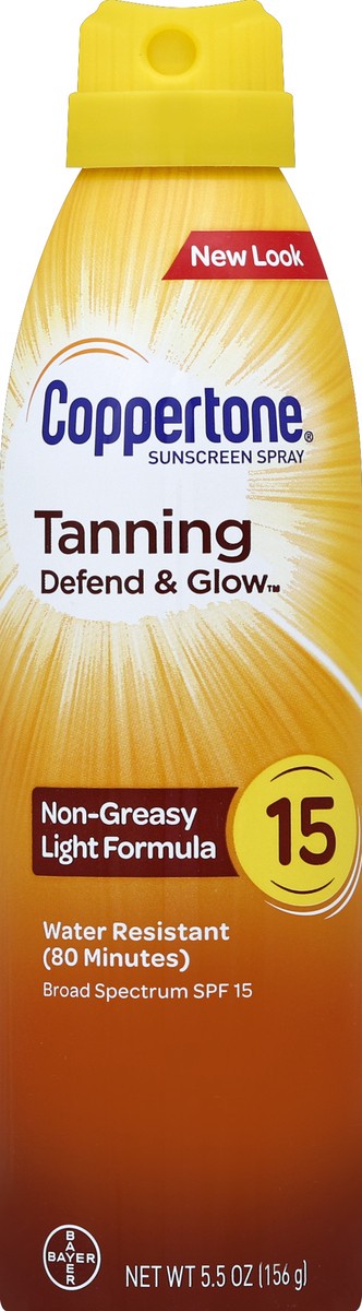 slide 1 of 8, Coppertone Tanning Defend & Glow Sunscreen spray SPF 15 Water Resistant, 5.5 oz