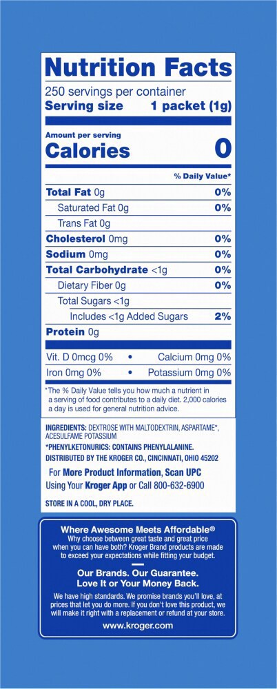 slide 4 of 4, Kroger Zero Calorie Aspartame Sweetener, 250 ct