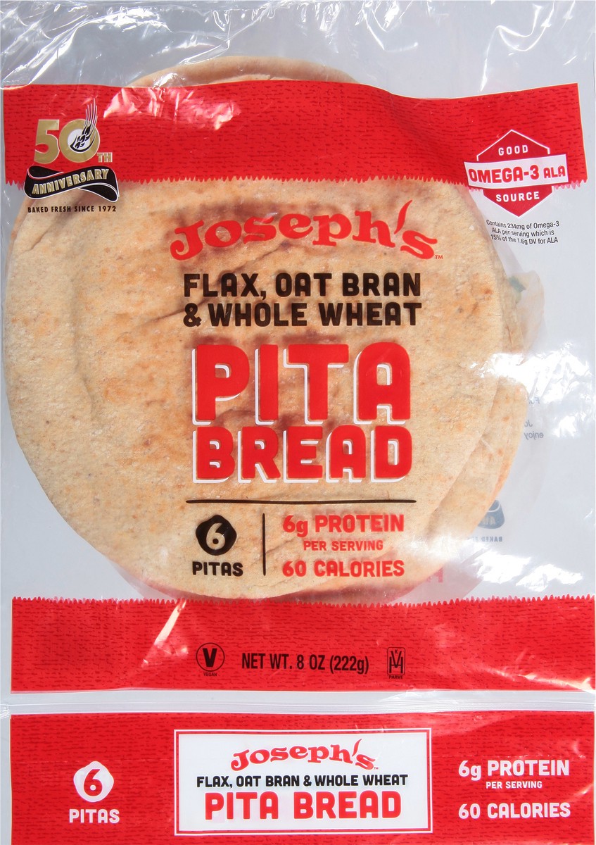 slide 5 of 9, Joseph's Flax, Oat Bran & Whole Wheat Pita Bread, 8 oz