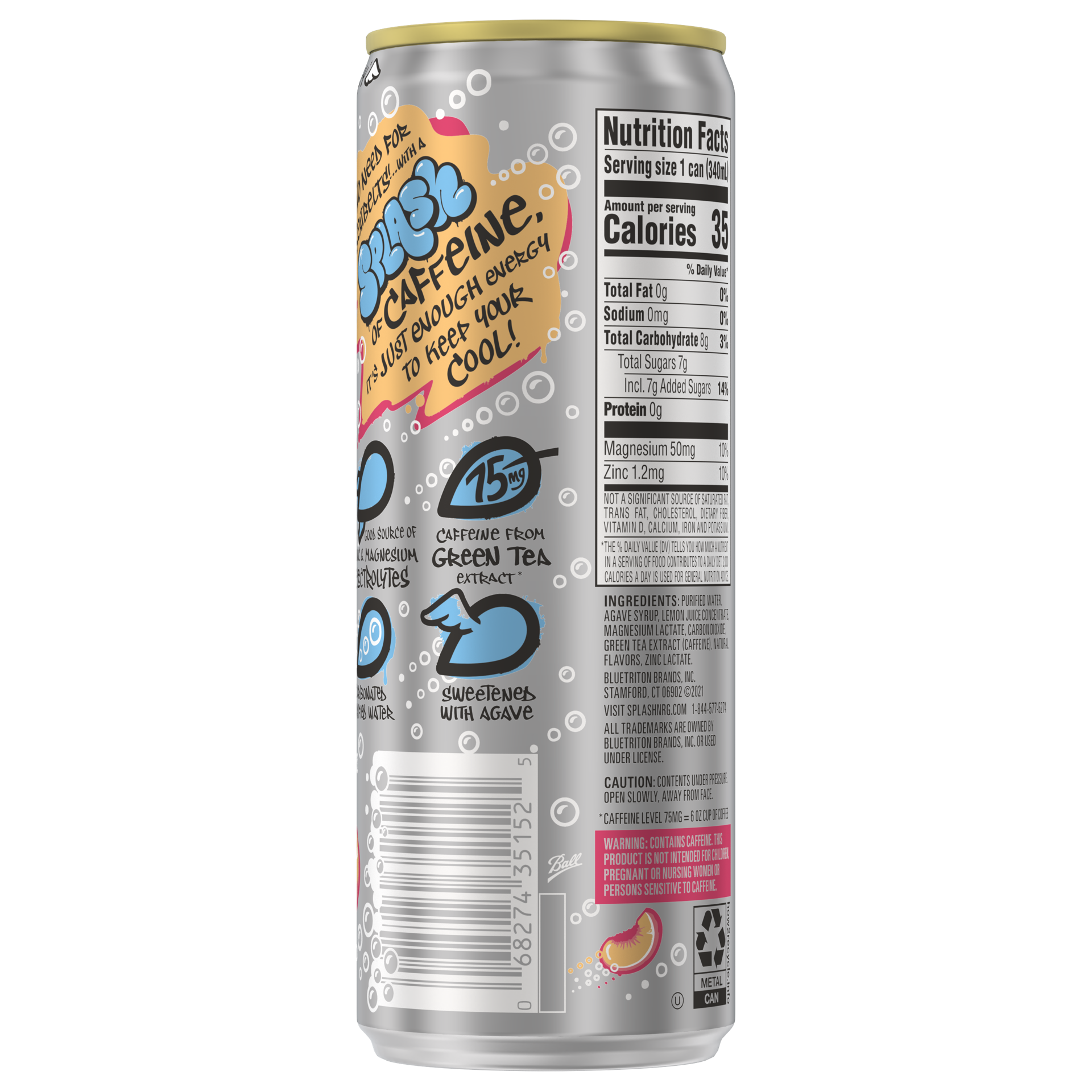 slide 3 of 4, Splash NRG, White Peach Flavored Sparkling Energy Water Beverage, 11.5 Fl Oz Sleek Can, 11.5 oz