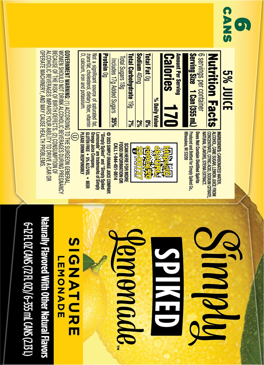 slide 8 of 9, Simply Spiked Hard Lemonade, 6 Pack, 12 fl oz Cans, 5% ABV, 12 fl oz