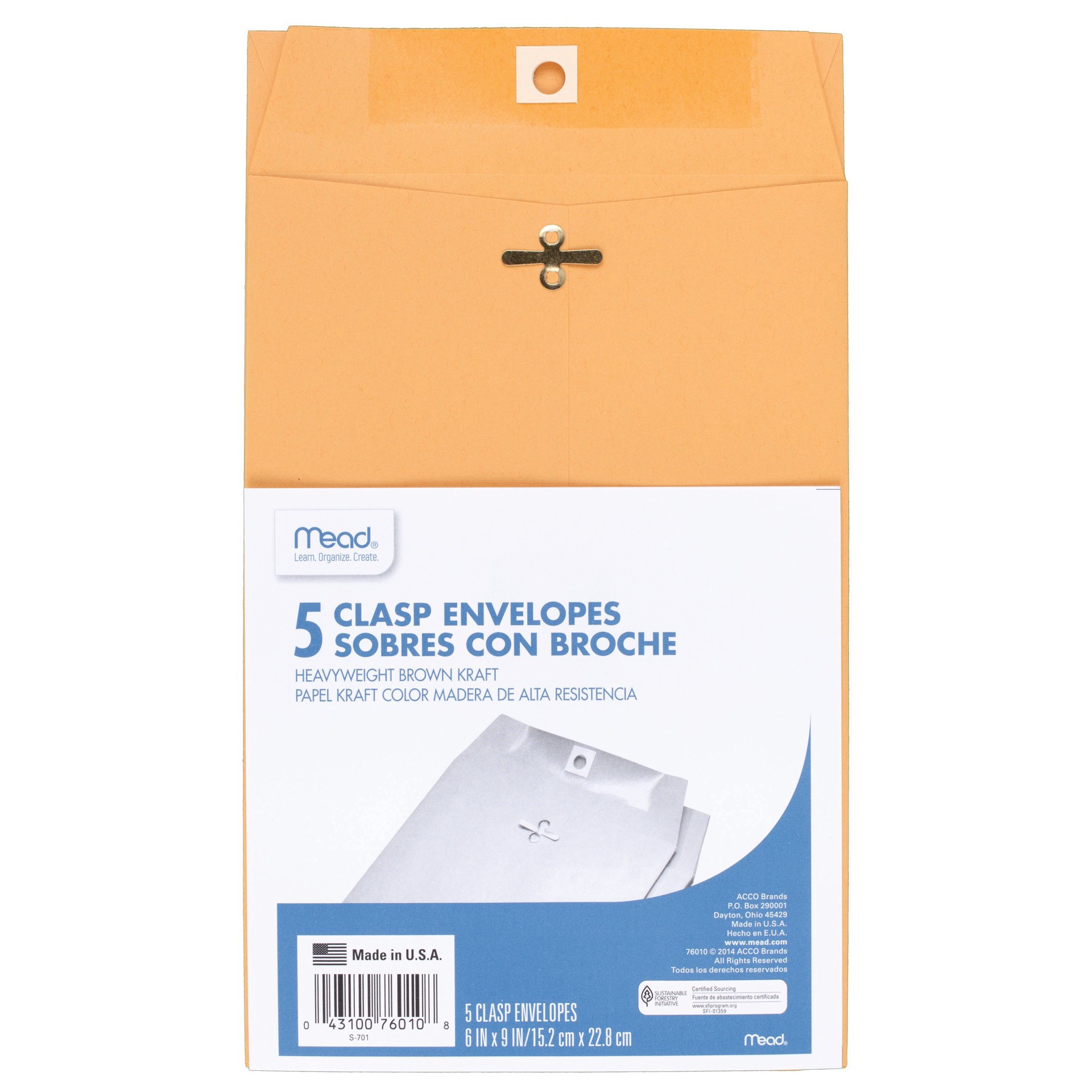 slide 1 of 2, Mead Clasp Envelopes, Heavyweight Brown Kraft, 5 ct