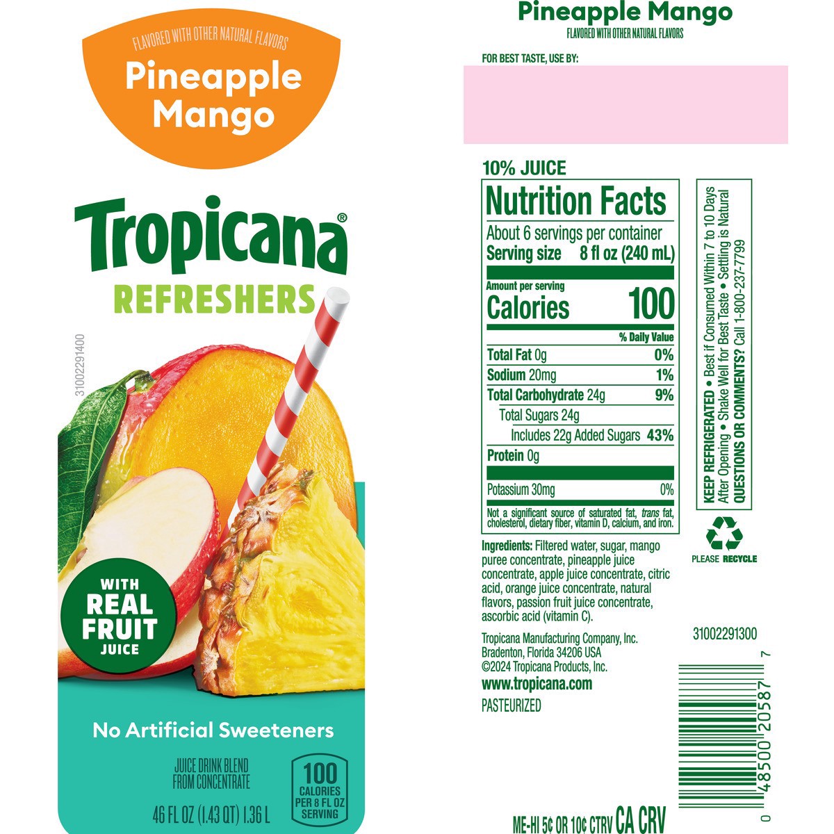 slide 4 of 12, Tropicana Refreshers Pineapple Mango Juice Drink with Real Fruit Juice - 46 fl oz, 46 fl oz