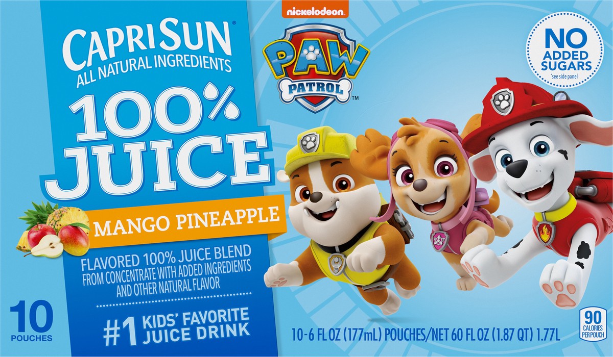 slide 1 of 5, Capri Sun Paw Patrol 100% Juice Mango Pineapple Carton (68794-00002 - C34343726) 60 fl oz (1.87 qt) 1.77L English, 10 ct